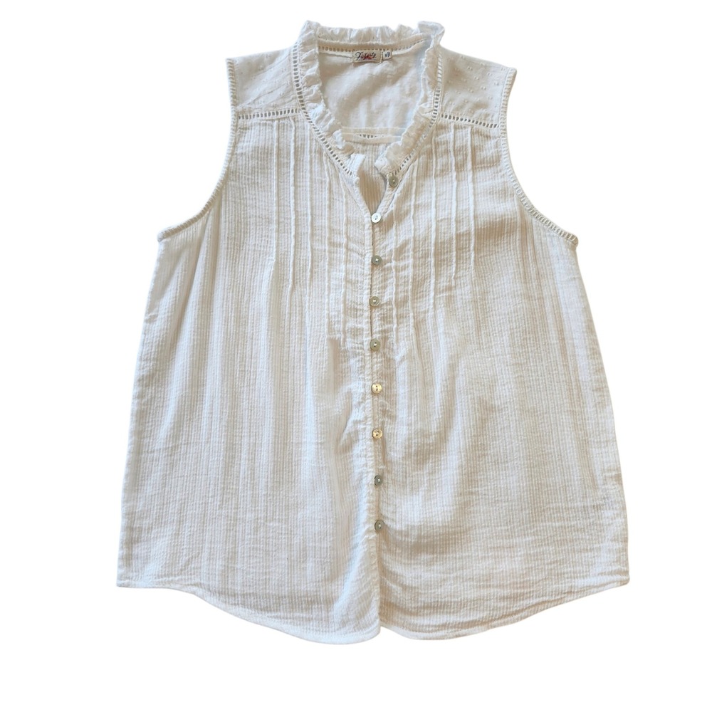 Faherty White Organic Cotton Pintuck Sleeveless Ruffle Blouse Shirt Top Womens M